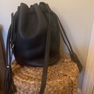 Black pebbled faux leather bucket bag